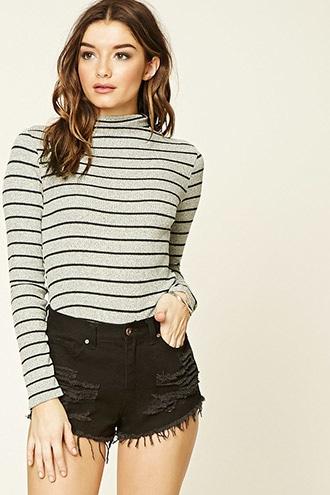 Forever21 Women's  Heather Grey & Black Striped Mock Neck Top