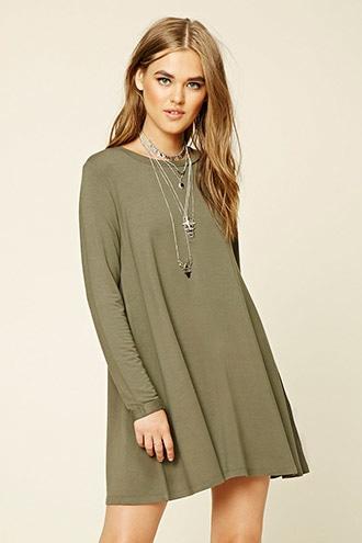 Forever21 Women's  Olive Folded-cuff Swing Dress