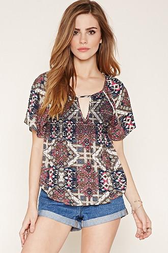 Forever21 Women's  Geo Print Smocked Top