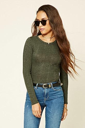 Forever21 Women's  Olive & Black Marled Ribbed Knit Top