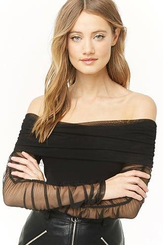 Forever21 Off-the-shoulder Mesh-trim Top