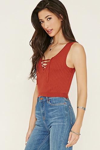 Forever21 Women's Rust Lace-up Sweater Top
