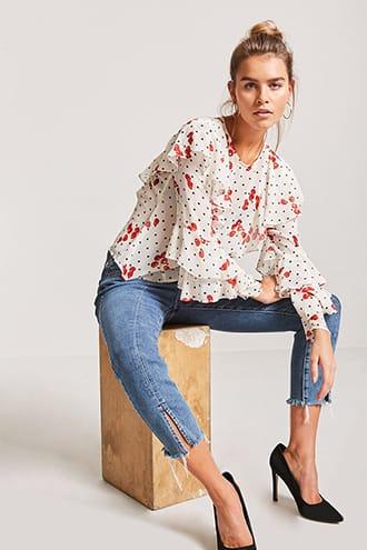 Forever21 Sheer Cherry Print Ruffle Top