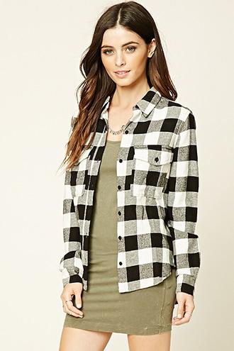 Forever21 Women's  Black & Cream Buffalo Plaid Flannel Shirt
