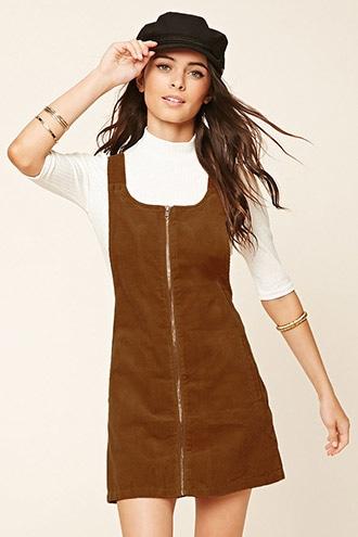 Forever21 Women's  Camel Corduroy Overall Dress