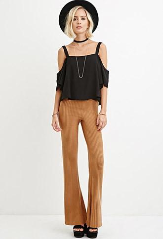 Forever21 Women's  Ribbed Flared Pants (camel)