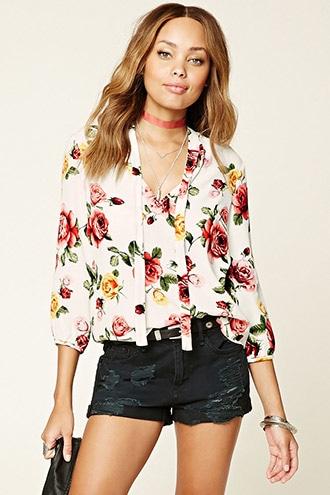 Forever21 Women's  Cream & Red Floral Print Self-tie Top