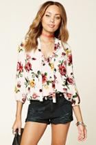 Forever21 Women's  Cream & Red Floral Print Self-tie Top