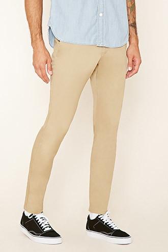 21 Men Men's  Khaki Slim Fit Cotton-blend Pants