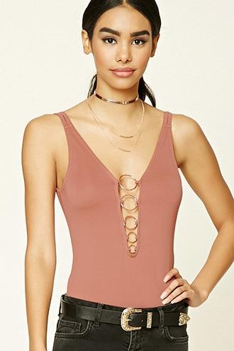 Forever21 Women's  Mauve & Rose Gold Plunging Hoop-front Bodysuit
