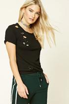 Forever21 Women's  Black Distressed Cotton-blend Tee