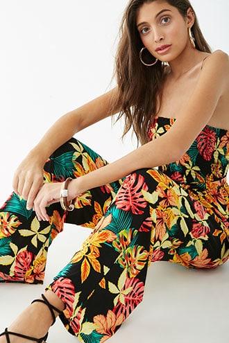 Forever21 Tropical Print Smocked Jumpsuit