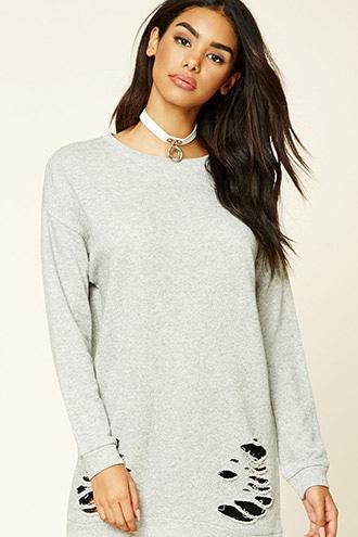 Forever21 Women's  Longline Distressed Sweatshirt