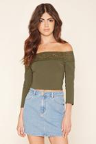 Forever21 Women's  Olive Off-the-shoulder Lace Crop Top