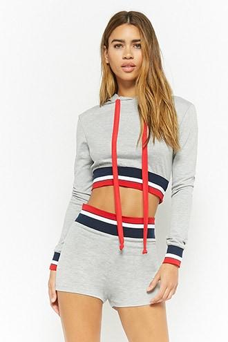 Forever21 Heathered Stripe-trim Hoodie & Shorts Set