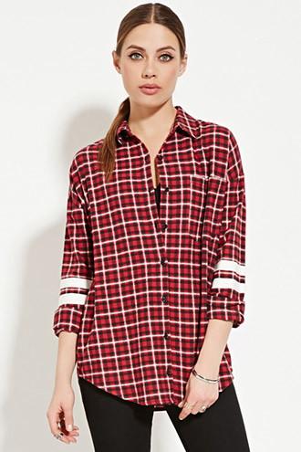 Forever21 Women's  Red & Black Varsity-striped Plaid Flannel Shirt
