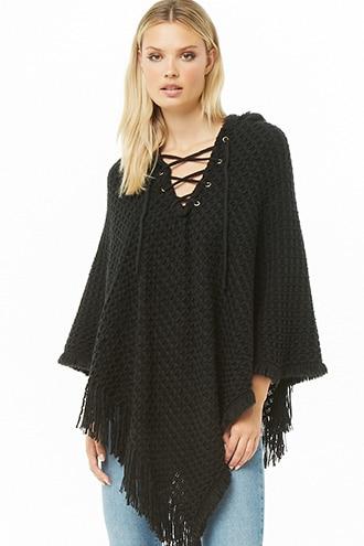 Forever21 Hooded Lace-up Fringe Poncho
