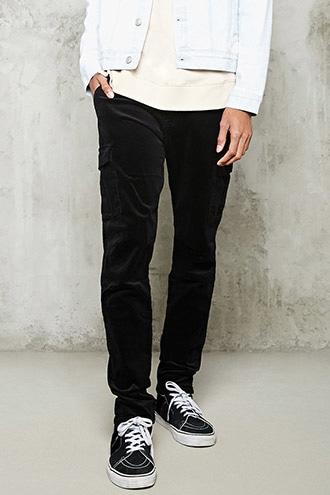 21 Men Men's  Black Corduroy Cargo Pants