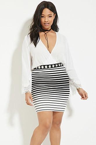 Forever21 Plus Women's  Cream & Black Plus Size Striped Pencil Skirt
