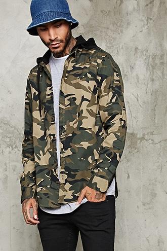 21 Men Men's Hooded Camo Print Shirt