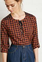 Forever21 Women's  Plaid Lace-up Shirt (navy/rust)