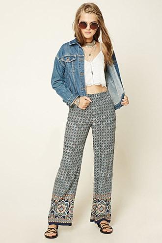 Forever21 Women's  Navy & Teal Ornate Print Palazzo Pants