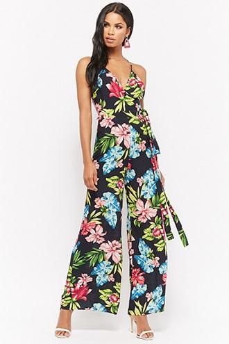 Forever21 Tropical Floral Print Surplice Jumpsuit