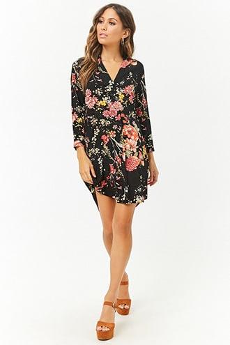 Forever21 Crinkled Floral Print Popover Shirt Dress
