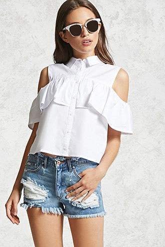 Forever21 Open-shoulder Ruffle Shirt
