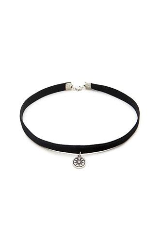 Forever21 B.silver & Black Etched Medallion Velvet Choker