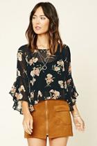 Love21 Women's  Contemporary Floral Bell-sleeve Top