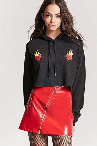 Forever21 Flaming Rose Cropped Hoodie