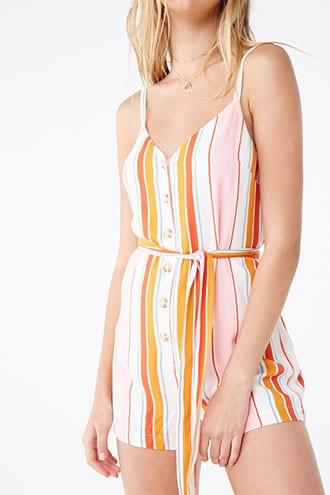 Forever21 Belted Multicolor Striped Romper