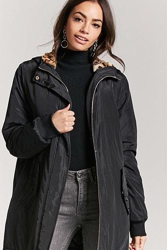 Forever21 Leopard Print Trim Hooded Parka