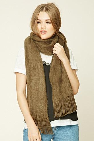 Forever21 Olive Fuzzy Knit Oblong Scarf