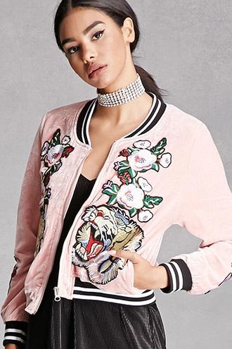 Forever21 Women's  Velour Patch Bomber Jacket