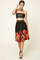 Forever21 Women's  Black & Red Floral Print Pleated Skirt