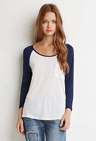 Forever21 Women's  Curved-hem Baseball Tee (white/navy)