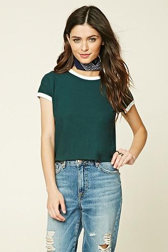 Forever21 Women's  Green & Cream Classic Ringer Tee