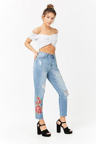Forever21 Floral Embroidered High-rise Ankle Jeans