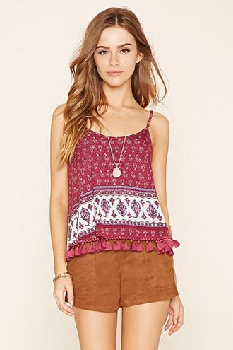 Forever21 Women's  Magenta & Cream Abstract Paisley Tassel Cami