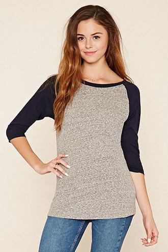 Forever21 Women's  Heather Grey & Navy Slub Knit Baseball Tee