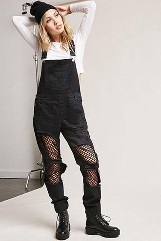 Forever21 Distressed Denim Fishnet Overalls