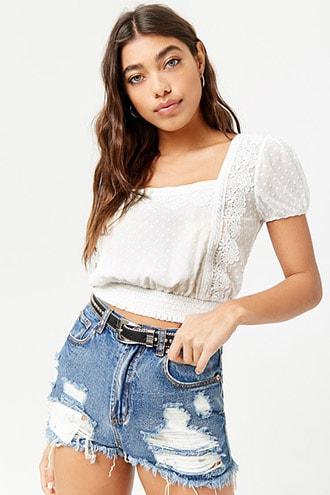 Forever21 Sheer Floral Embroidered Swiss Dot Top