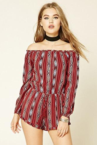 Forever21 Women's  Burgundy Southwestern Print Romper