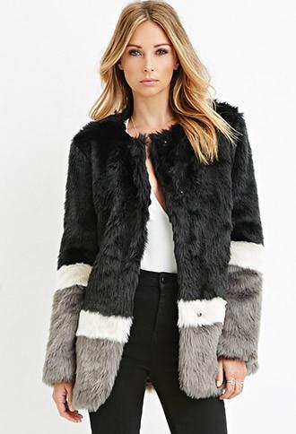 Love21 Colorblocked Faux Fur Coat