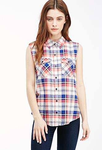Forever21 Sleeveless Plaid Flannel Shirt Cream/indigo Small