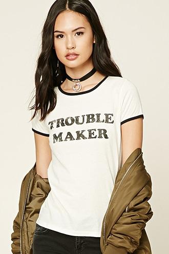 Forever21 Women's  Trouble Maker Ringer Tee