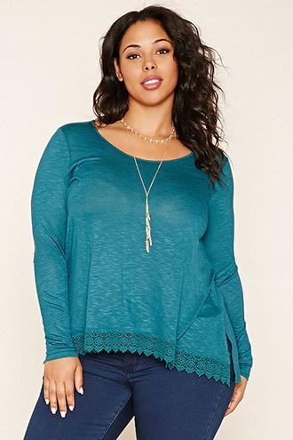 Forever21 Plus Women's  Teal Plus Size Crochet-hem Top