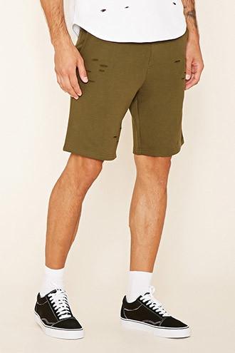 21 Men Men's  Olive Distressed Drawstring Shorts